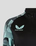 Front view of womens Ashes Pro Quarter Zip Training Top showing turquoise sleeves, Castore logo and England crest.