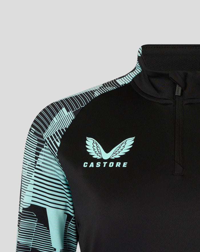 Front view of womens Ashes Pro Quarter Zip Training Top showing turquoise sleeves, Castore logo and England crest.