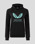 Front view of women's black Ashes Pro Lock Up Logo Hoodie with large turquoise England wings logo on chest