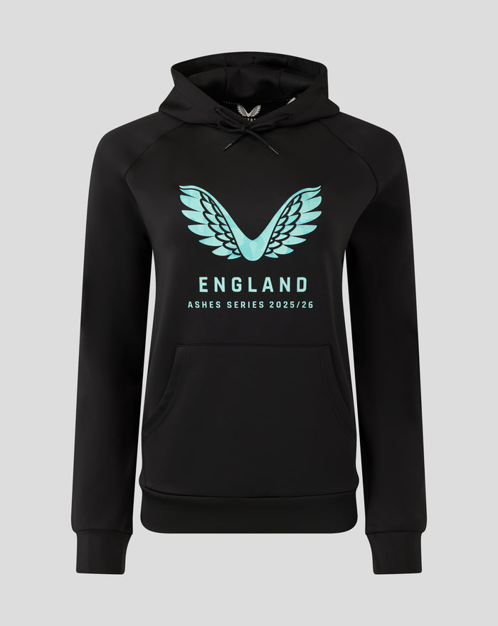 Front view of women's black Ashes Pro Lock Up Logo Hoodie with large turquoise England wings logo on chest