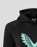 Black hoodie with turquoise wing graphic on chest