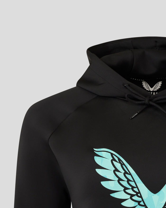 Black hoodie with turquoise wing graphic on chest