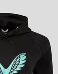 Close up of black hoodie hood with turquoise wing logo near neckline