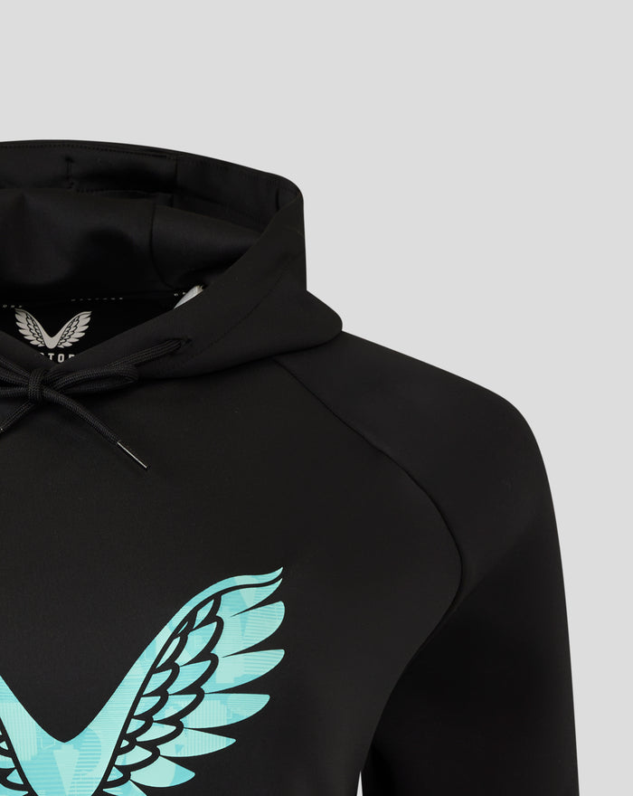 Close up of black hoodie hood with turquoise wing logo near neckline