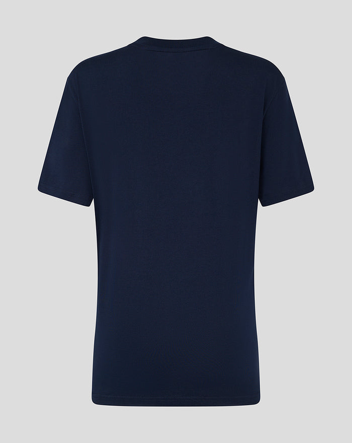 Back view of navy Lancashire large logo tee showing plain navy fabric.
