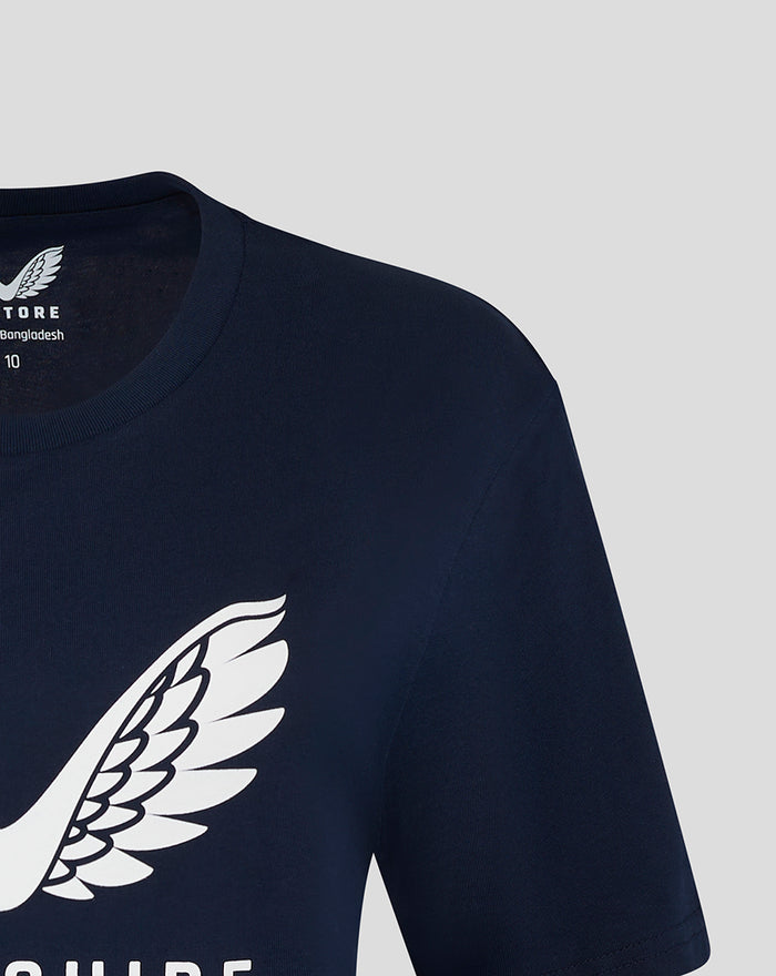 Neckline close up of navy Lancashire Large Logo Tee showing the white wing graphic