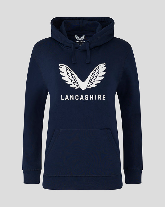 Women's navy Lancashire Large Logo Hoodie with white wing emblem on the chest.