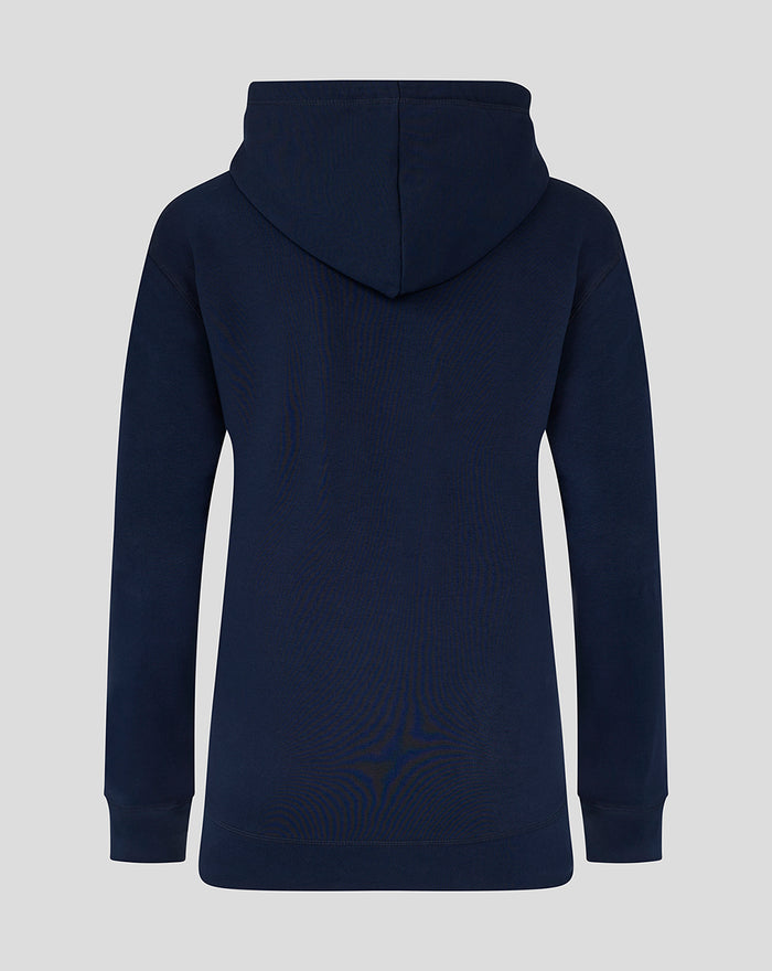 Back view of women's navy Lancashire hoodie with hood up.
