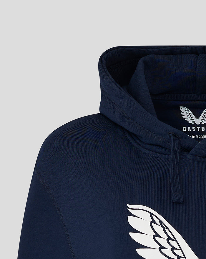 Close-up of navy Lancashire hoodie showing the large white wing logo on the chest.