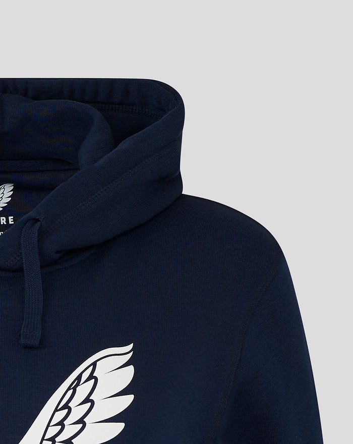Close up of navy Lancashire large logo hoodie with white wing emblem on the chest.