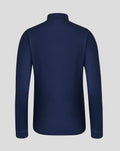 Front view of navy Lancashire Cricket performance top with bold red geometric print and crest on the chest.