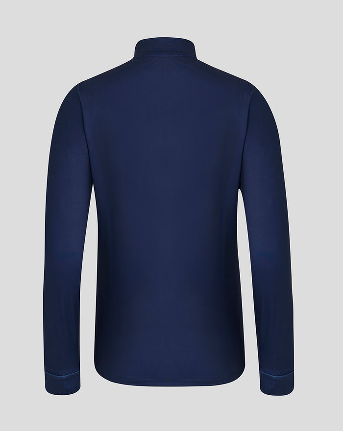 Front view of navy Lancashire Cricket performance top with bold red geometric print and crest on the chest.