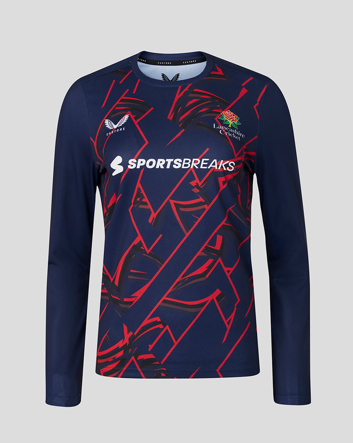 Long sleeve Womens 26/27 Performance T Shirt in peacoat navy with rose inspired graphics and Lancashire Cricket crest