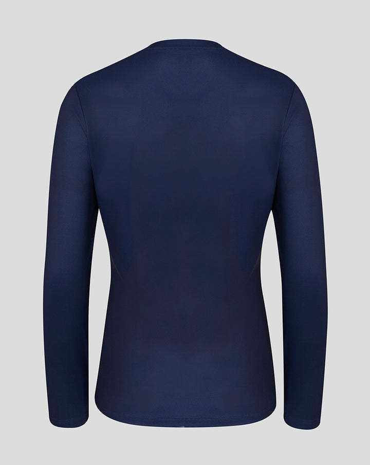 Back view of women's peacoat navy long sleeve performance T-shirt.