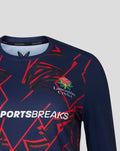 Front view of navy long sleeve performance T-shirt with Lancashire Cricket crest and Sportsbreaks logo.