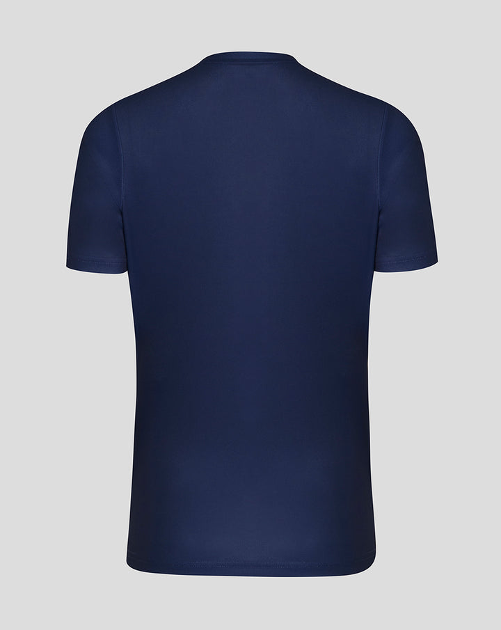 Back view of a navy Peacoat women's short sleeve performance tee with a plain back