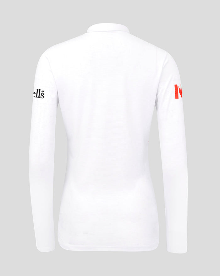 Back view of white womens England cricket Test Pro long sleeve shirt with logos on the sleeves.