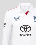 Front view of white England cricket Test Pro long sleeve shirt showing crest, Castore logo and Toyota sponsor.
