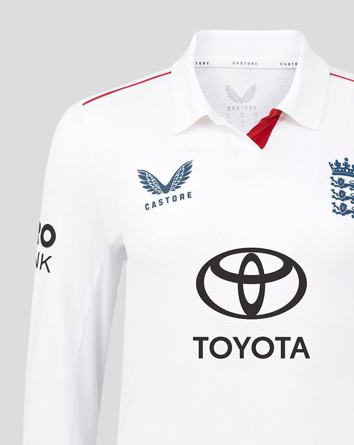 Front view of white England cricket Test Pro long sleeve shirt showing crest, Castore logo and Toyota sponsor.