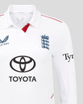 Close up of the upper chest on the white England cricket Test Pro shirt with crest and Toyota logo.