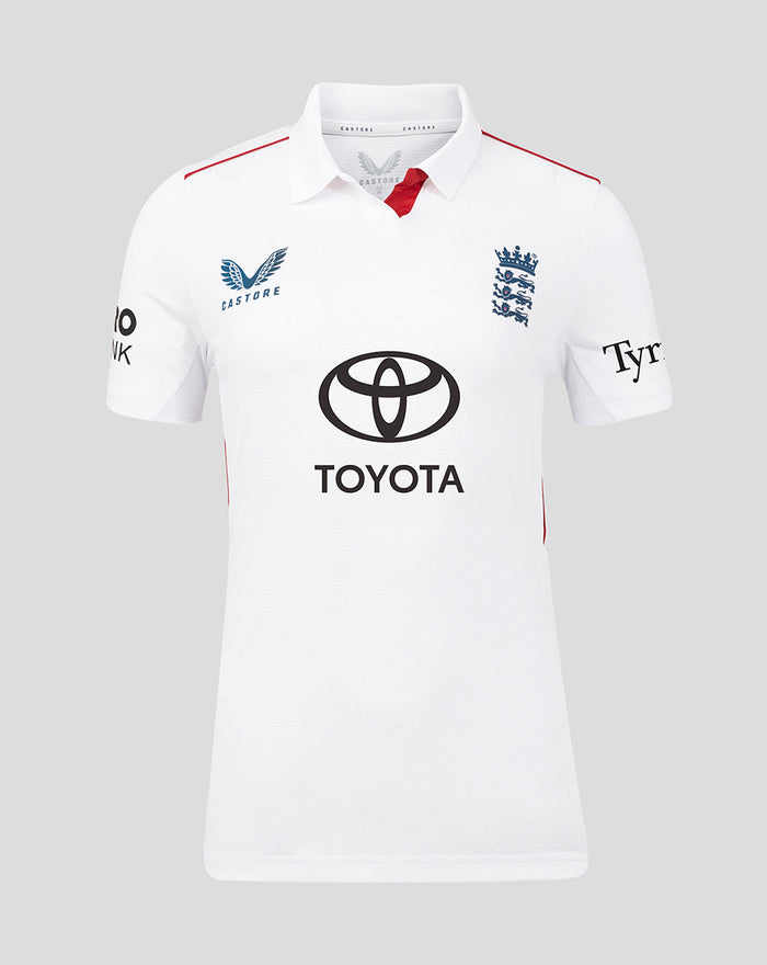 Front view of white England Women's Test Pro cricket shirt with England crest, Castore logo, and Toyota sponsor