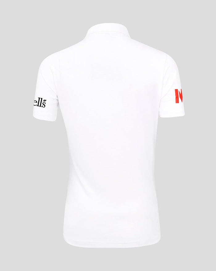 Back view of white England Women's Test Pro cricket shirt showing red shoulder trim and sleeve branding
