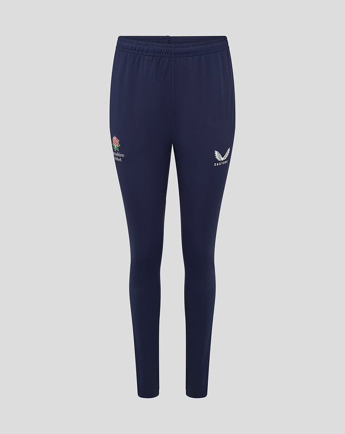 Navy Lancashire Slim Fit Pant with Lancashire Cricket rose logo on the left thigh and Castore emblem on the right.
