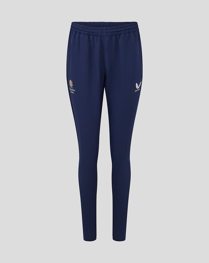 Front view of navy Lancashire Track Pant with embroidered logos on each leg