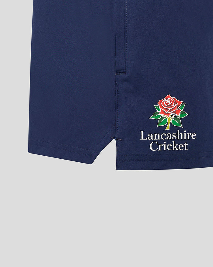 Navy womens Lancashire Cricket woven training shorts with zip pockets and a Lancashire Cricket logo on the hem