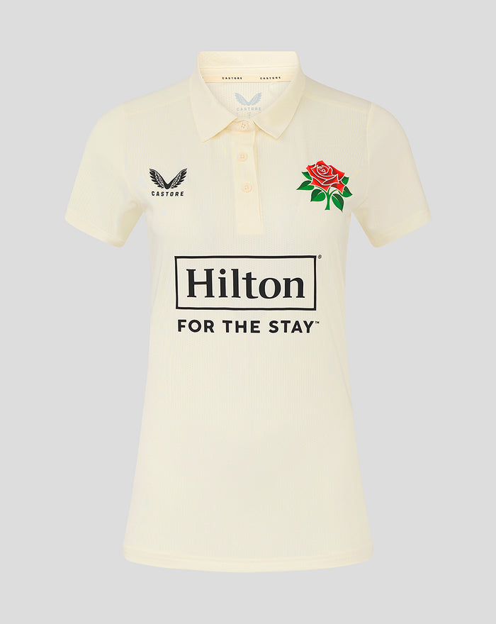 Cream Lancashire County jersey front with Hilton sponsor rose crest and Castore logo