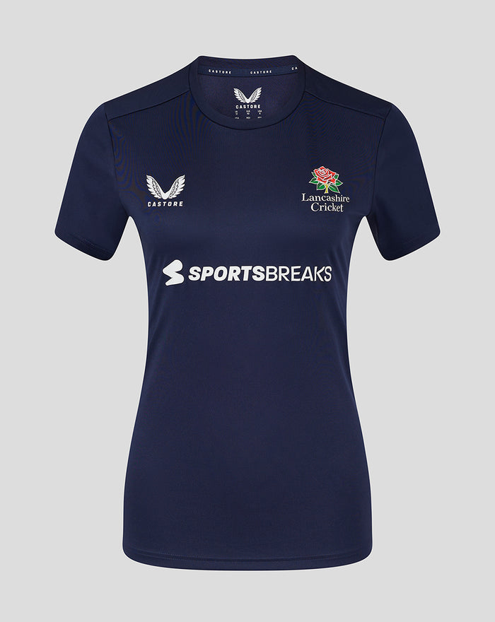 Navy Lancashire Training Tee for women with crest on chest and sponsor logo across front