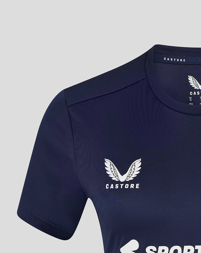 Navy Womens Lancashire Training Tee close up shows Castore logo on chest