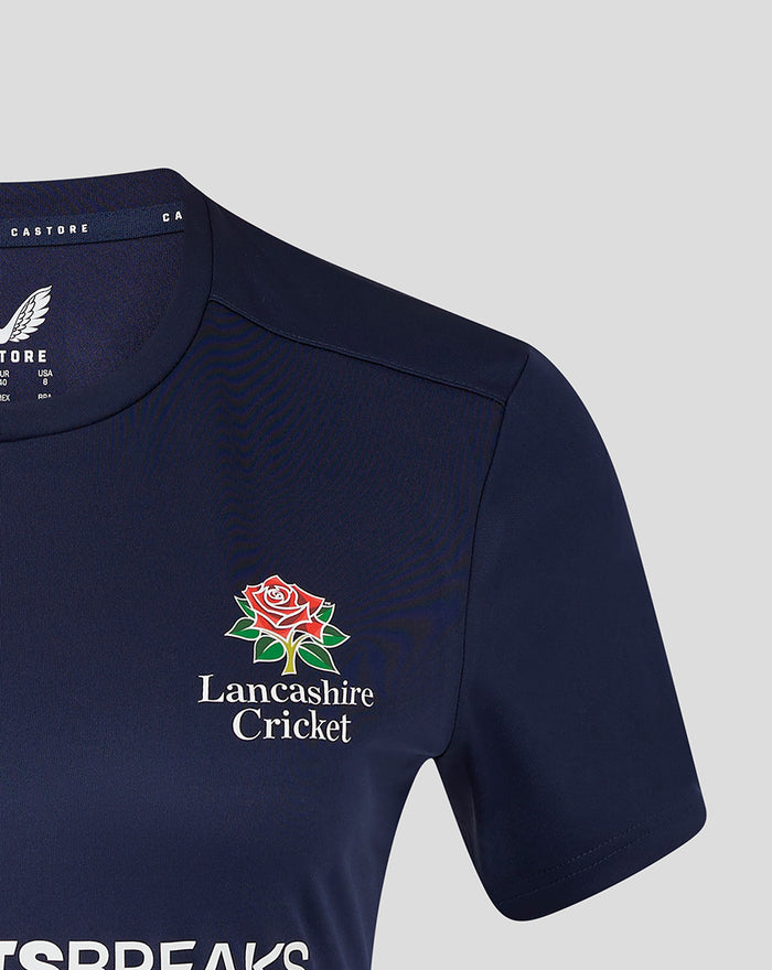 Navy Lancashire Training Tee chest with Lancashire Cricket rose crest