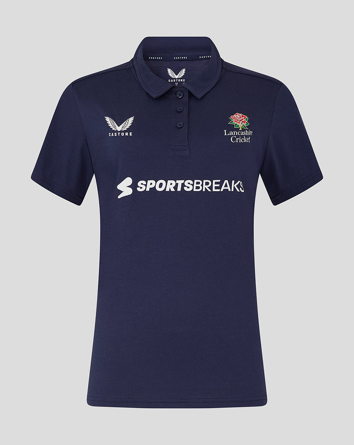 Navy Lancashire Cotton Tee featuring Lancashire Cricket crest on left chest and a bold Sportsbreaks logo across the front