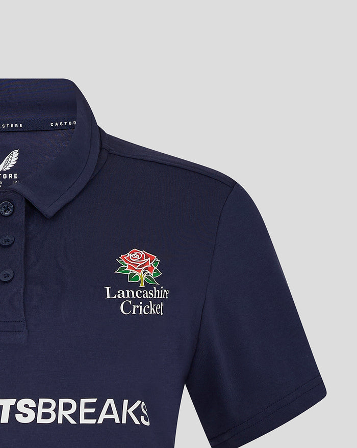 Navy polo with Lancashire Cricket crest on the left chest and Sportsbreaks text across the front