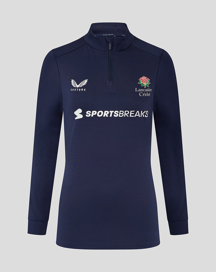 Navy women's Lancashire quarter zip top with crest on the chest and Sportsbreaks logo across the front