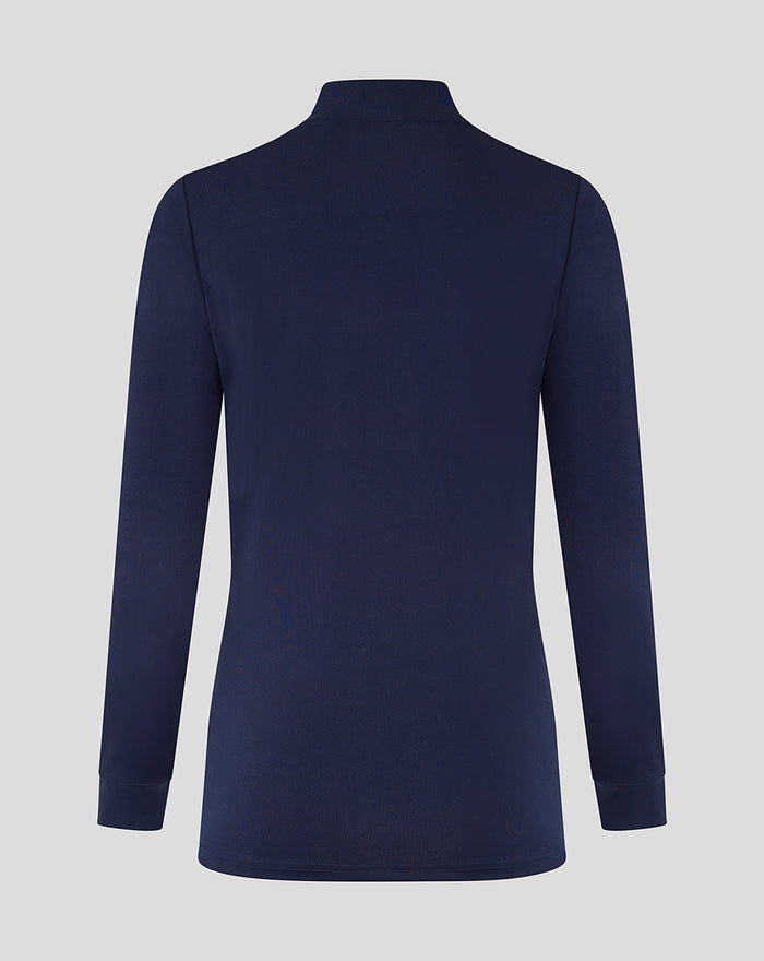 Back view of navy womens Lancashire quarter zip top with long sleeves.