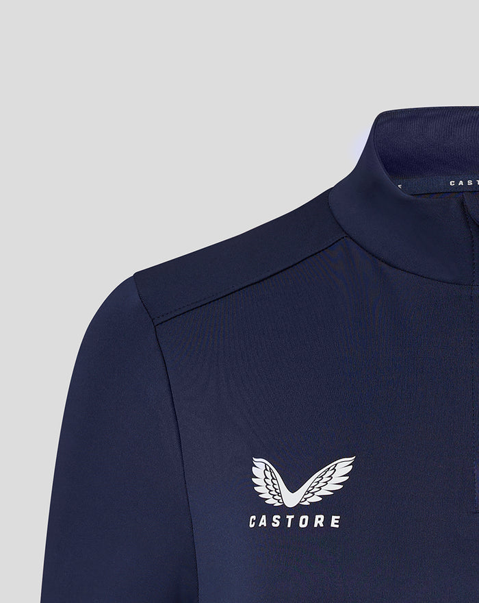 Close up of shoulder and collar on navy Lancashire top with Castore branding at the neck and partial crest on the chest.