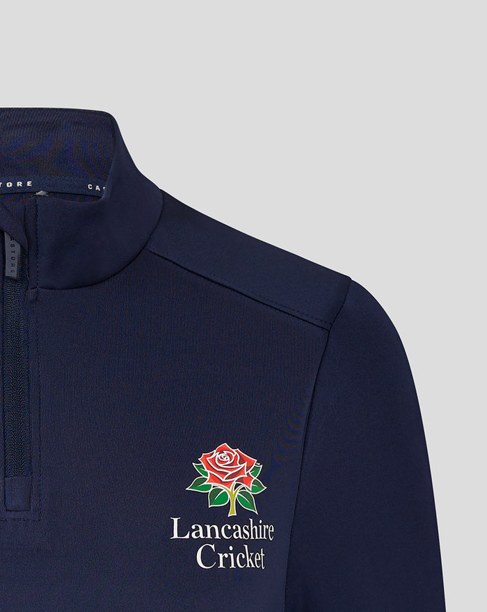 Front chest view of navy Lancashire Cricket top displaying embroidered red rose crest and Lancashire Cricket text.
