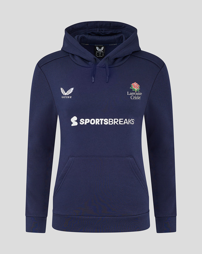 Navy women's Lancashire Cotton Hoodie with rose crest Lancashire Cricket logo and SportsBreaks across the chest.