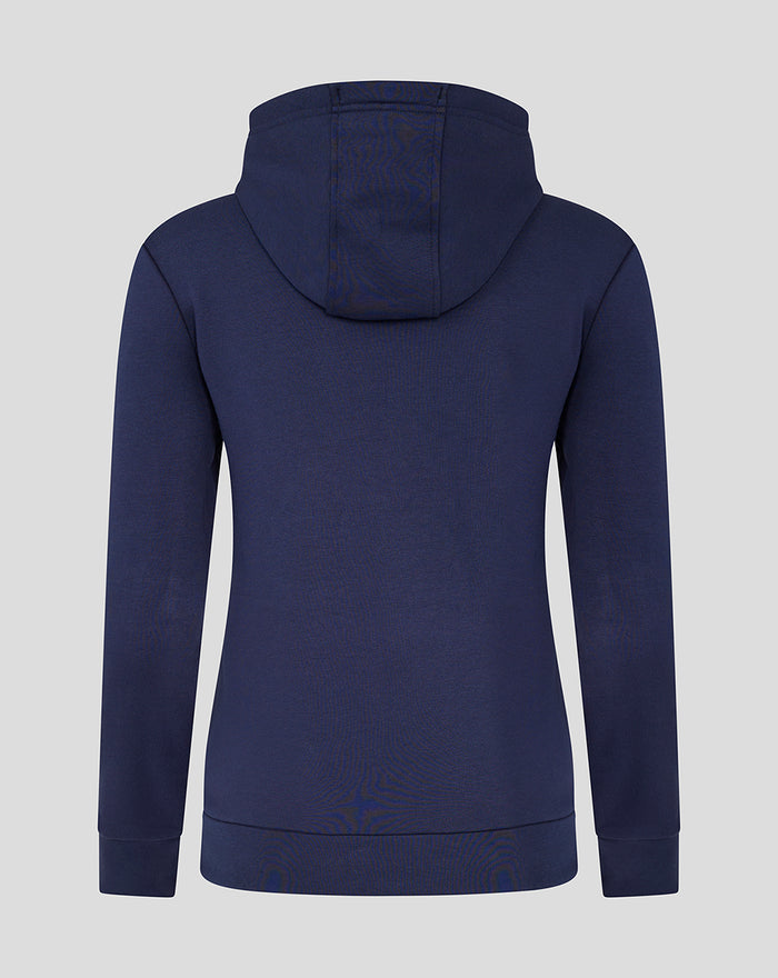 Back view of navy Lancashire Cotton Hoodie showing hood and plain rear with ribbed hem.