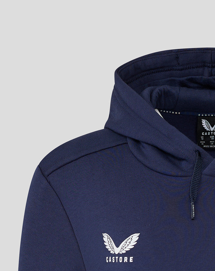 Navy Lancashire Cotton Hoodie close up showing hood and white Castore wing logo on the chest