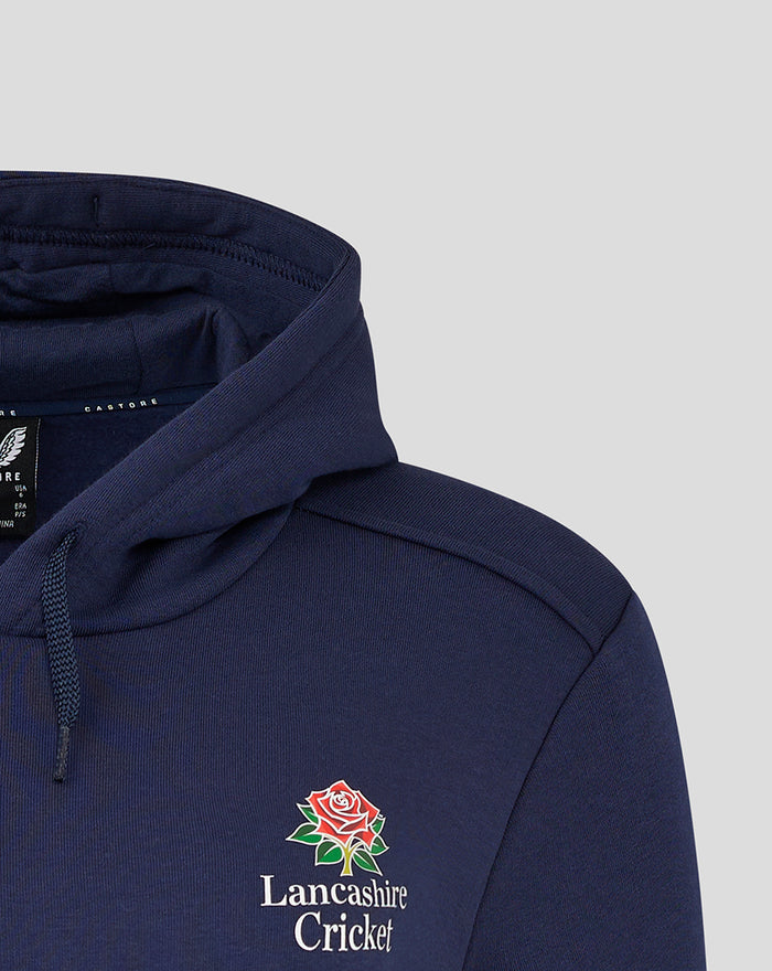 Navy Lancashire Cotton Hoodie with Lancashire Cricket crest on left chest and hood visible