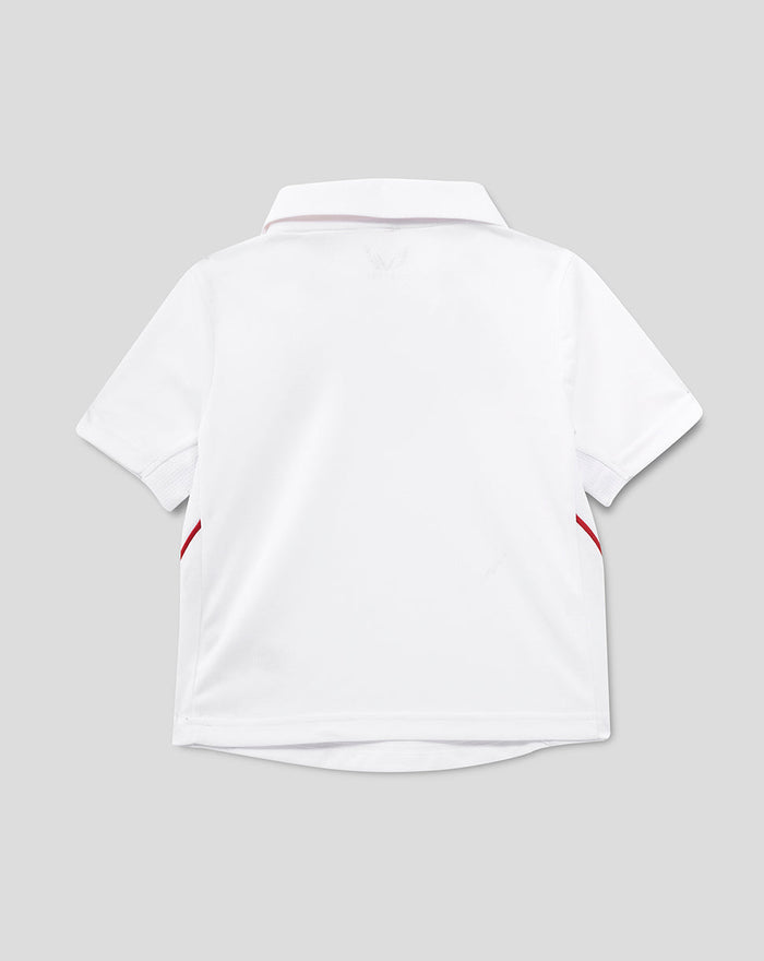 Back view of infant white short sleeve England Test shirt with subtle red trim at sides.