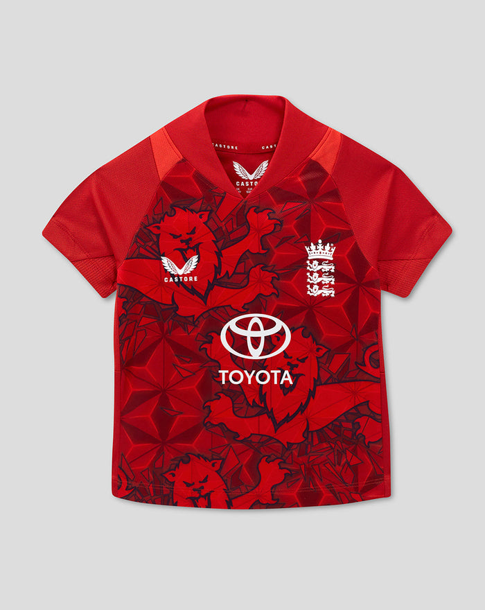 England infant 25/26 T20 replica short sleeve shirt in red with lion motif and Toyota logo