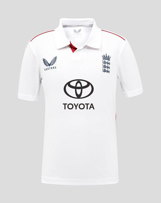 Front view of junior white short sleeve England Test shirt with team crest and Toyota sponsor.