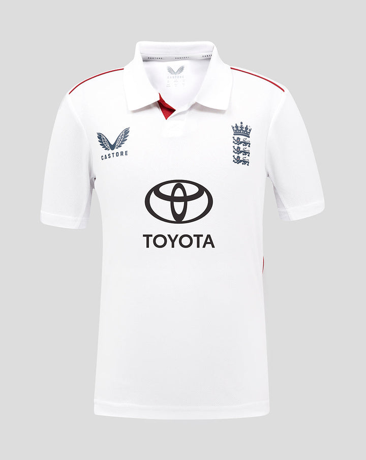 Front view of junior white short sleeve England Test shirt with team crest and Toyota sponsor.