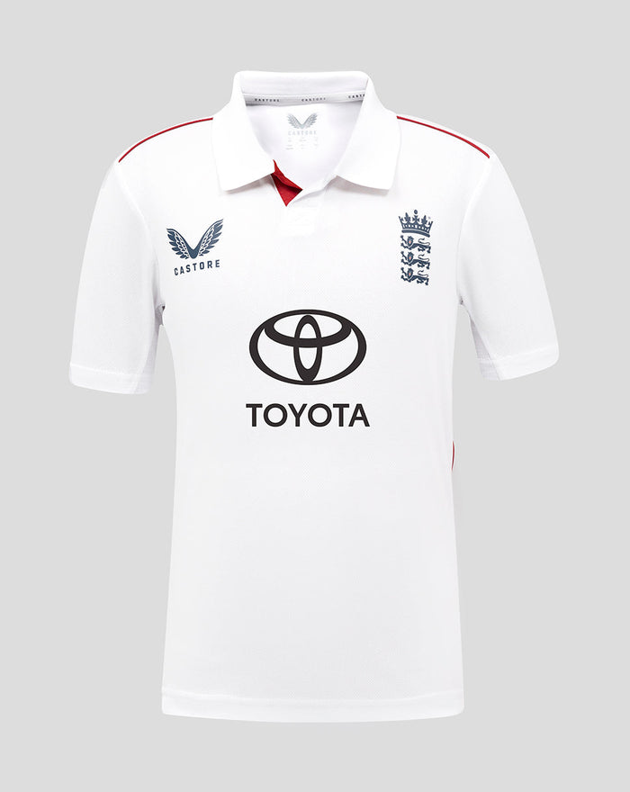 Front view of junior white short sleeve England Test shirt with team crest and Toyota sponsor.