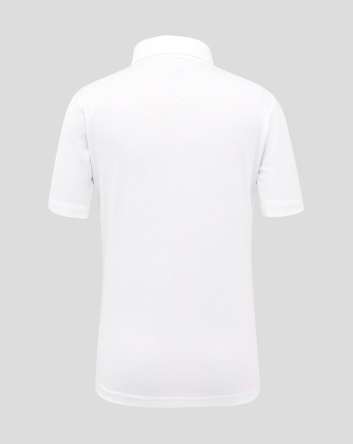 Back view of white England Cricket Junior 25/26 Test Replica Short Sleeve Shirt showing collar