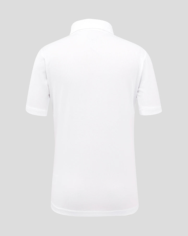 Back view of white England Test short sleeve cricket shirt with collar and clean minimal design